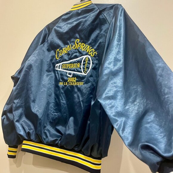 Y2K SATIN VARSITY BOMBER JACKET WESTSTARK TRENDY  SZ L BLUE/YELLOW MADE IN USA - Picture 14 of 16